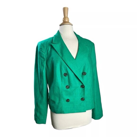 Talbots Linen Jacket 14 Kelly Green Blazer Double Breasted Cropped Short Lined - Picture 1 of 7
